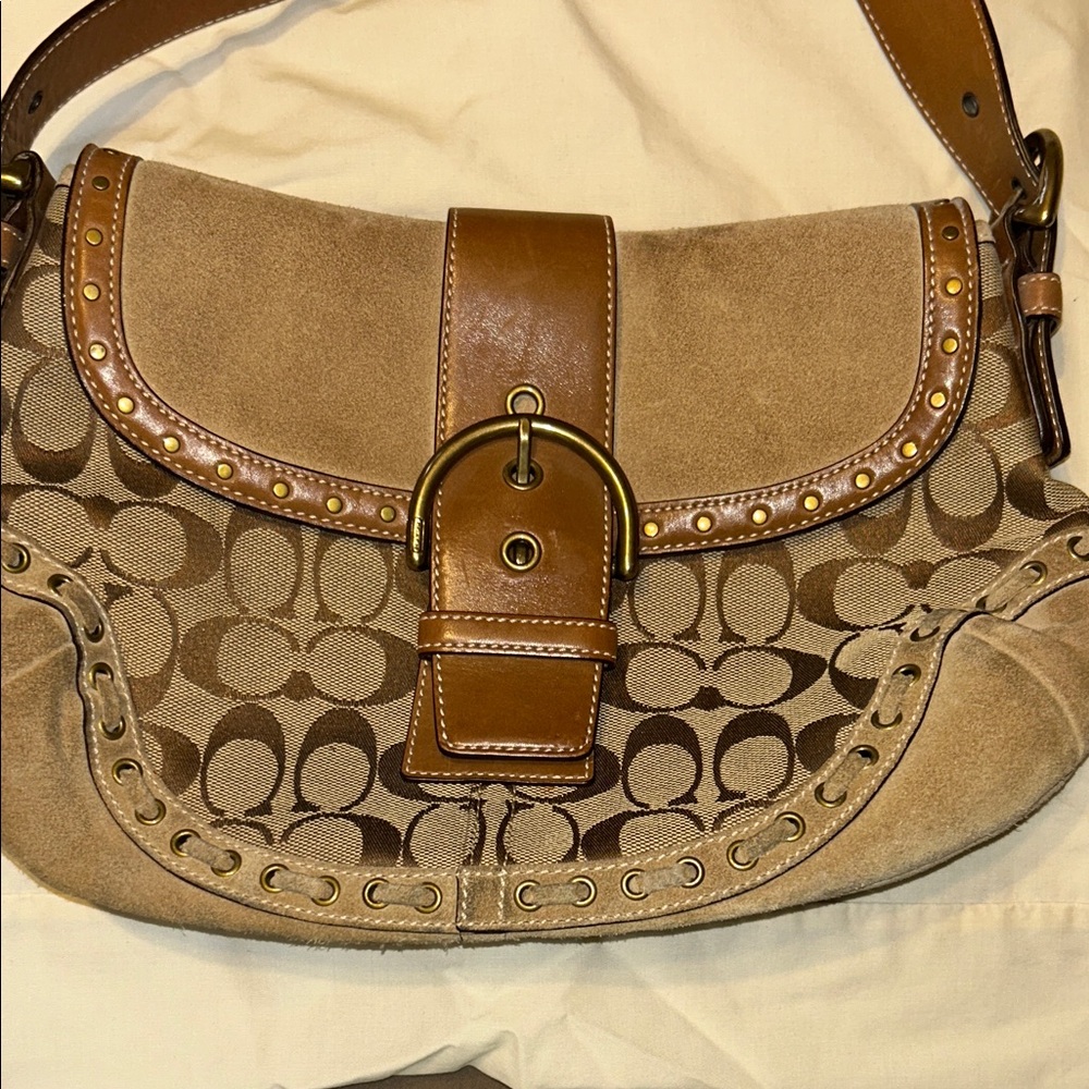 Coach Beige and Brown Signature Shoulder Bag